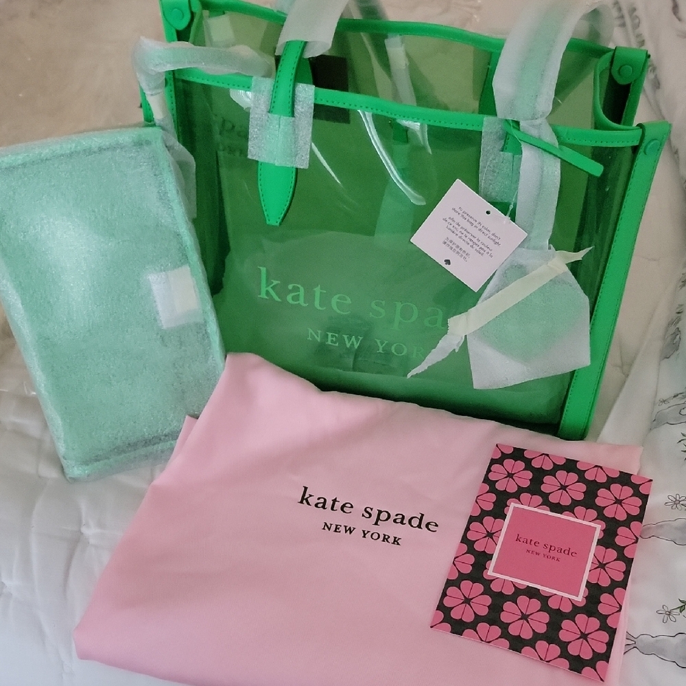 Kate Spade Vivid Green Market See Through Tote Bag W/ Wristlet & Pink Dust Bag